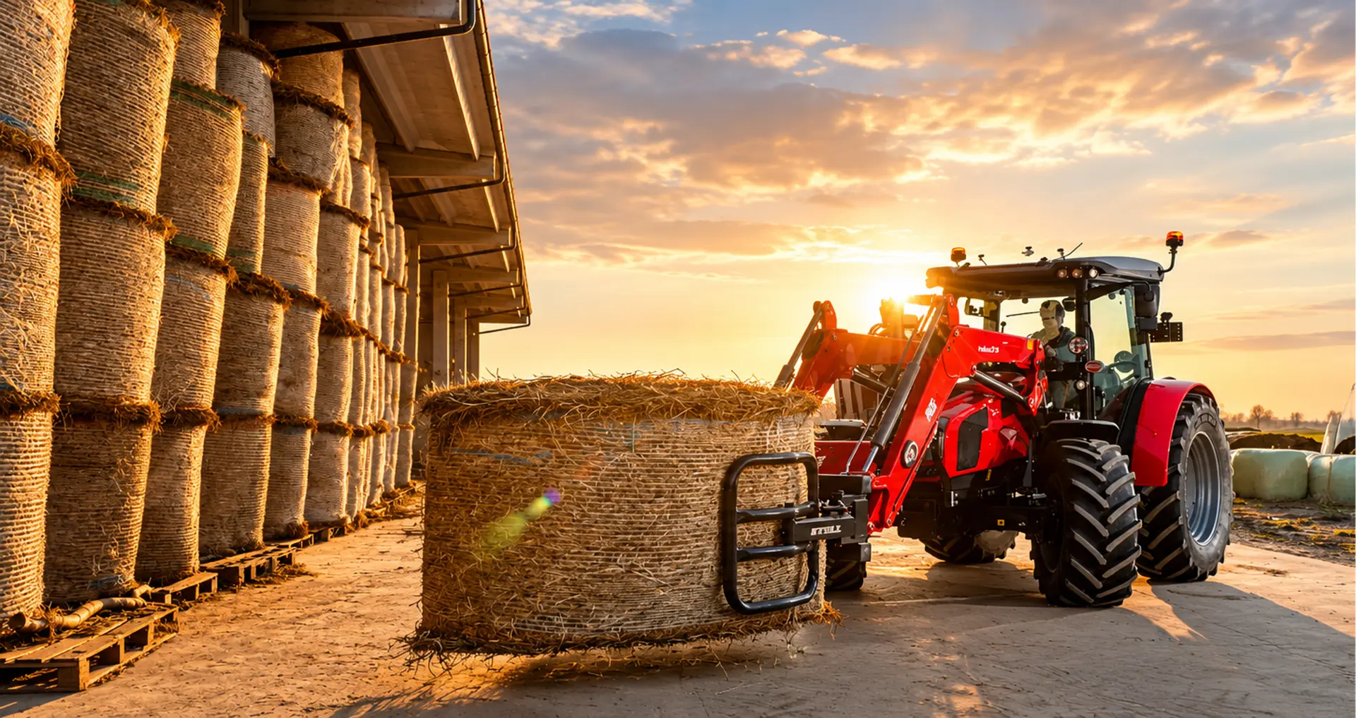 Red SAME tractor loading hay bales on a Kenyan farm at sunset